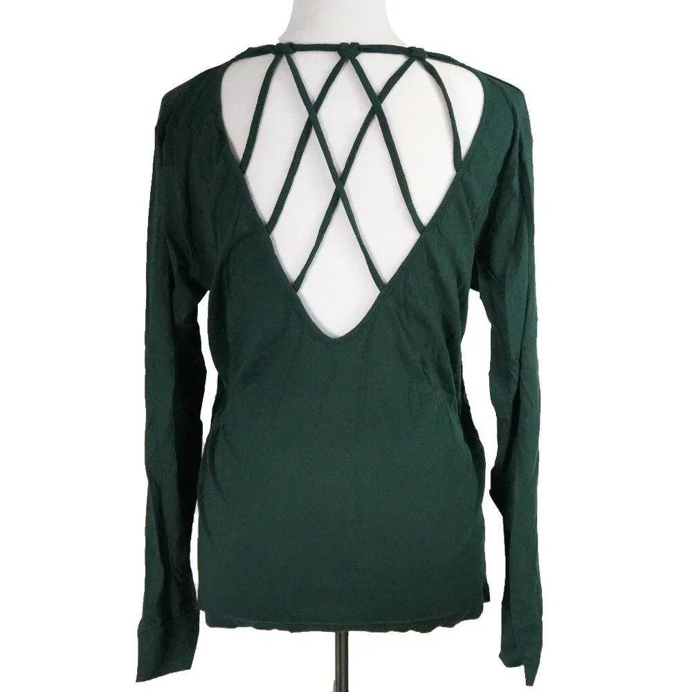 Oversized Peekaboo Back Mono b Womens Medium Top Long Sleeve Shirt Hunter Green - Picture 3 of 7